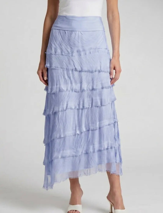 Tiered ruffle silk midi skirt in celestial blue with staggered tier layers