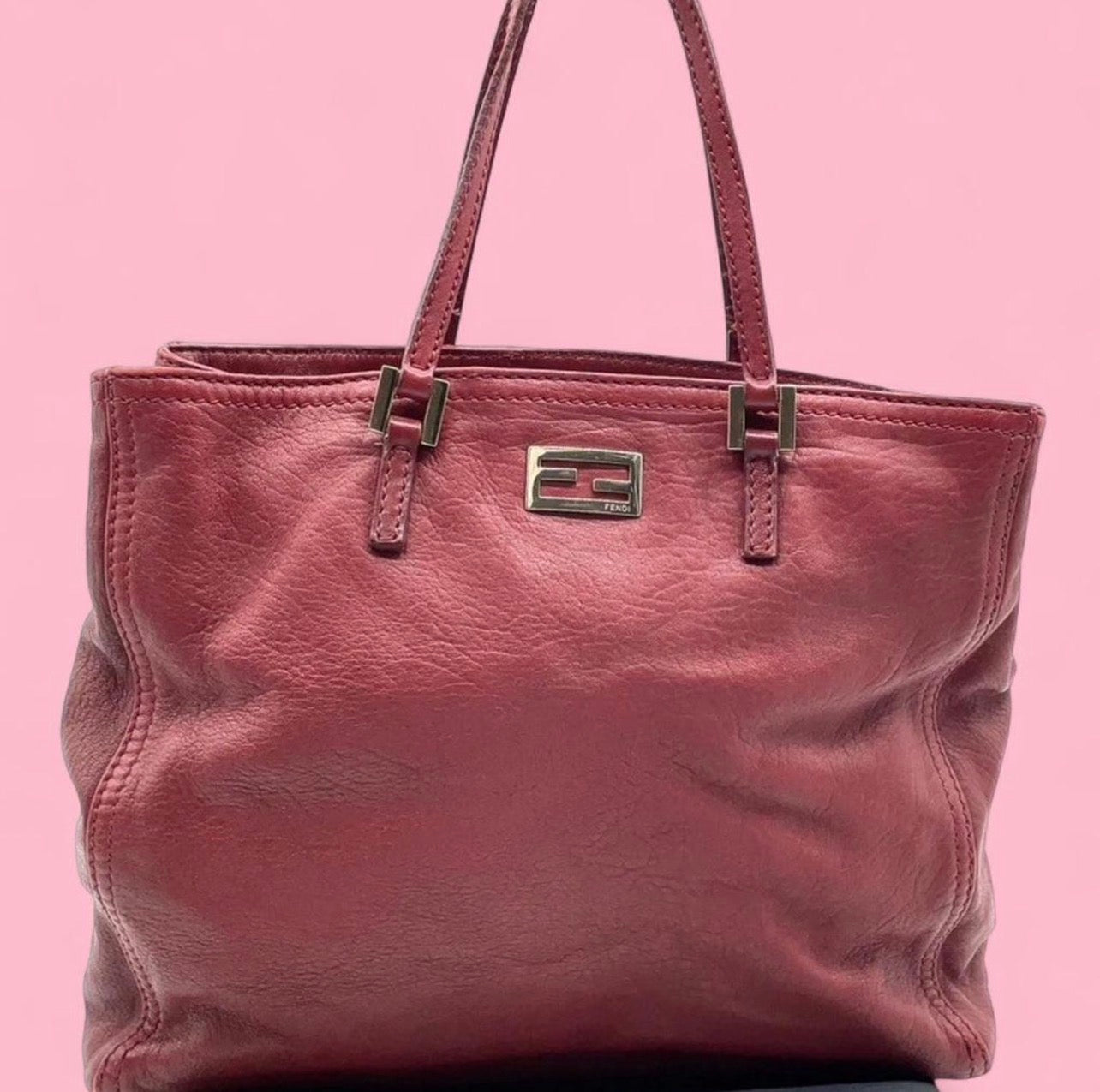 Authentic Fendi FF Logo Soft Leather Red Handbag