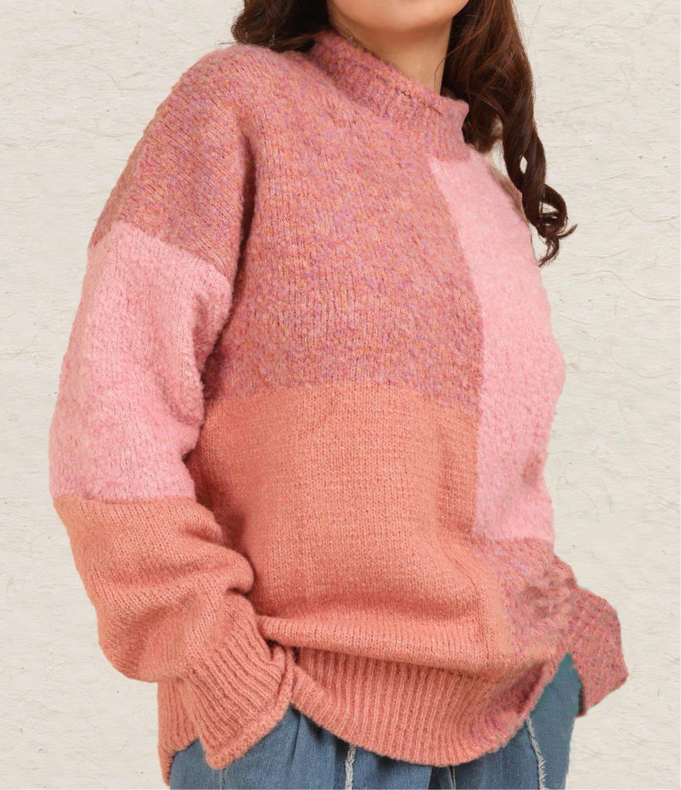 VERY J Color Block Mock Neck Drop Shoulder Sweater