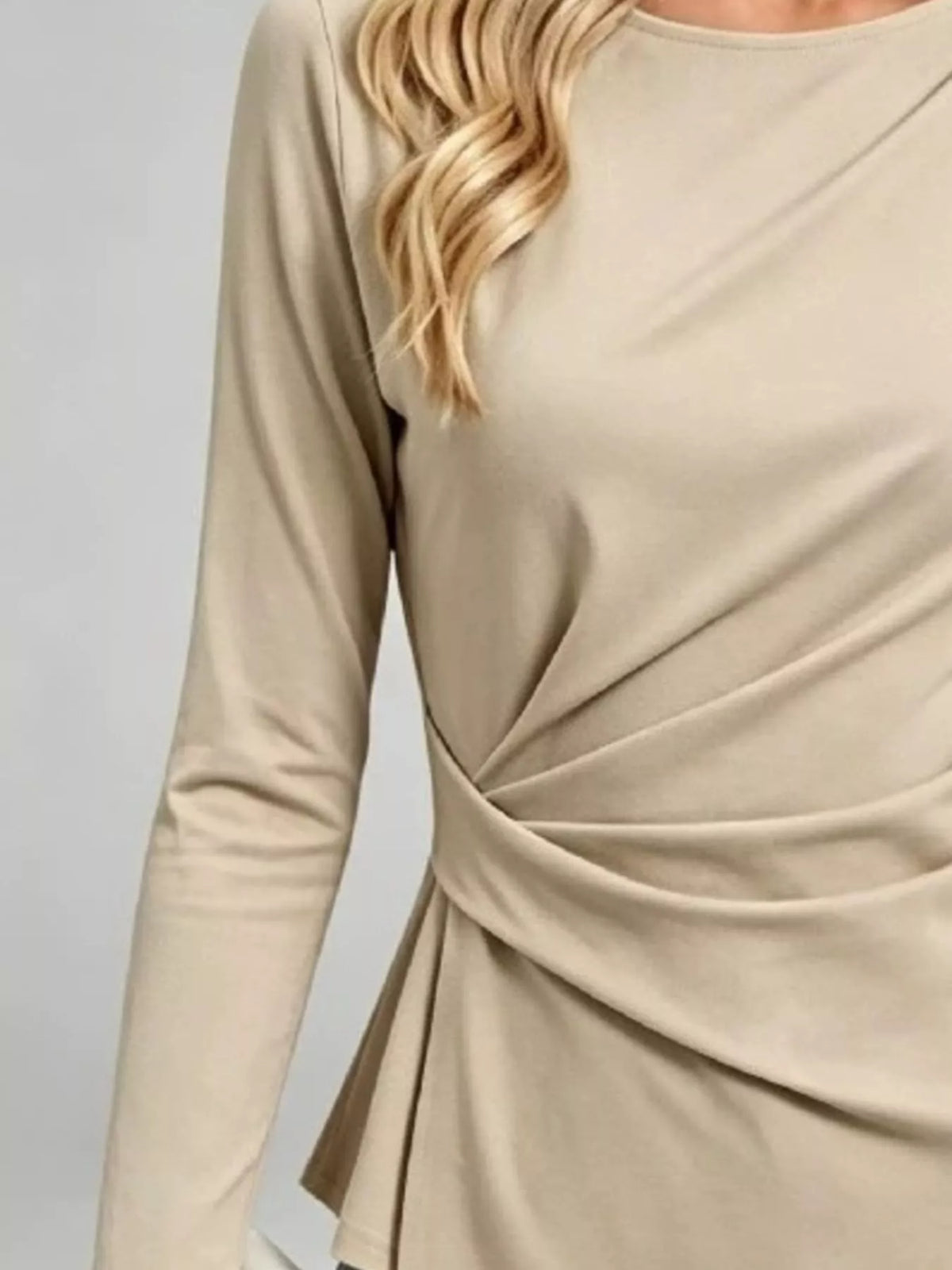 Khaki long-sleeve ruched-waist t-shirt with crossover front drape