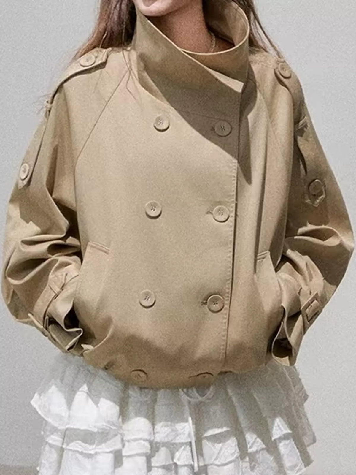 Khaki cropped double-breasted trench jacket with stand collar and sleeve cuff straps