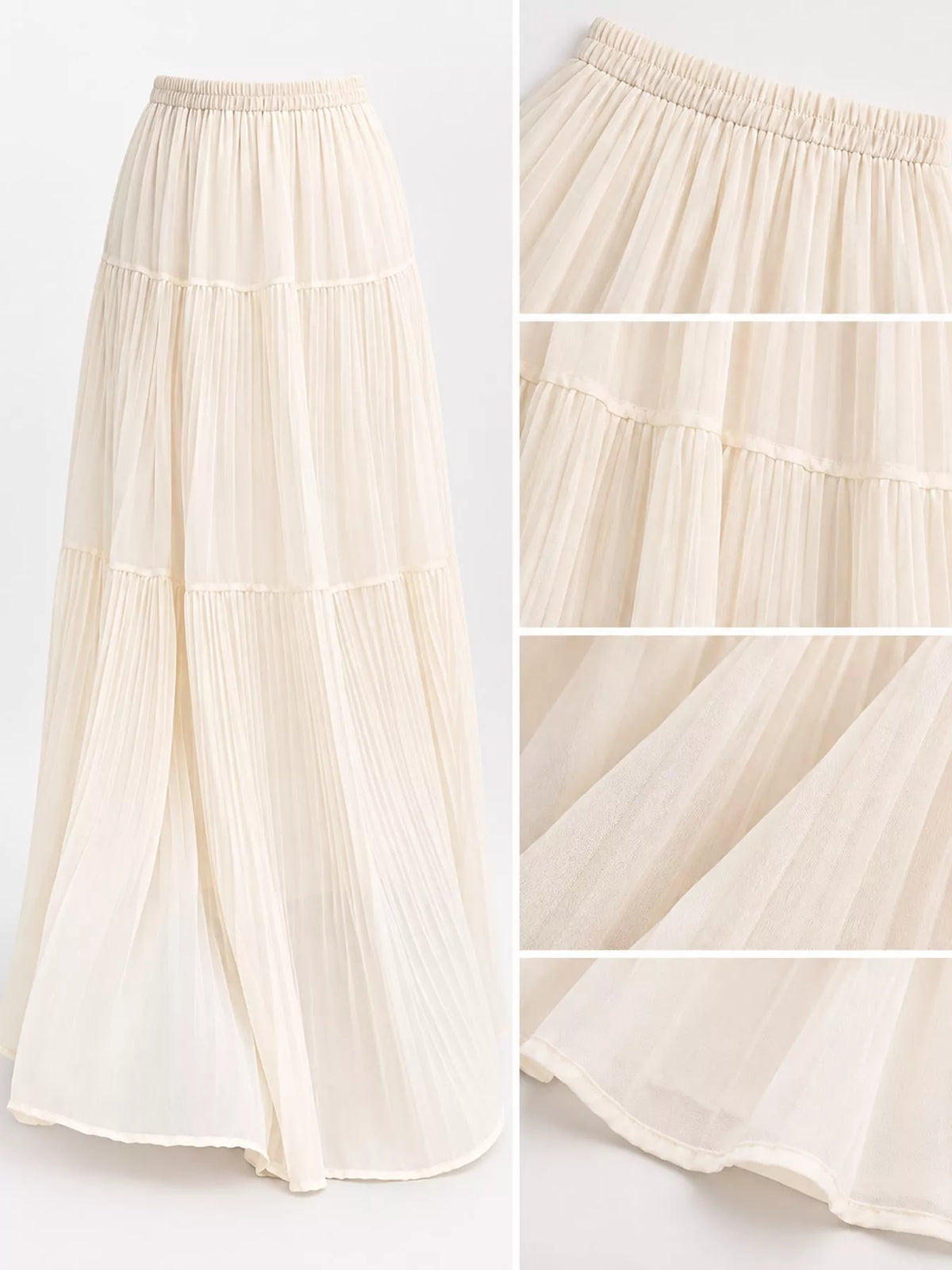 Light beige tiered pleated maxi skirt with elastic waistband and soft tiers