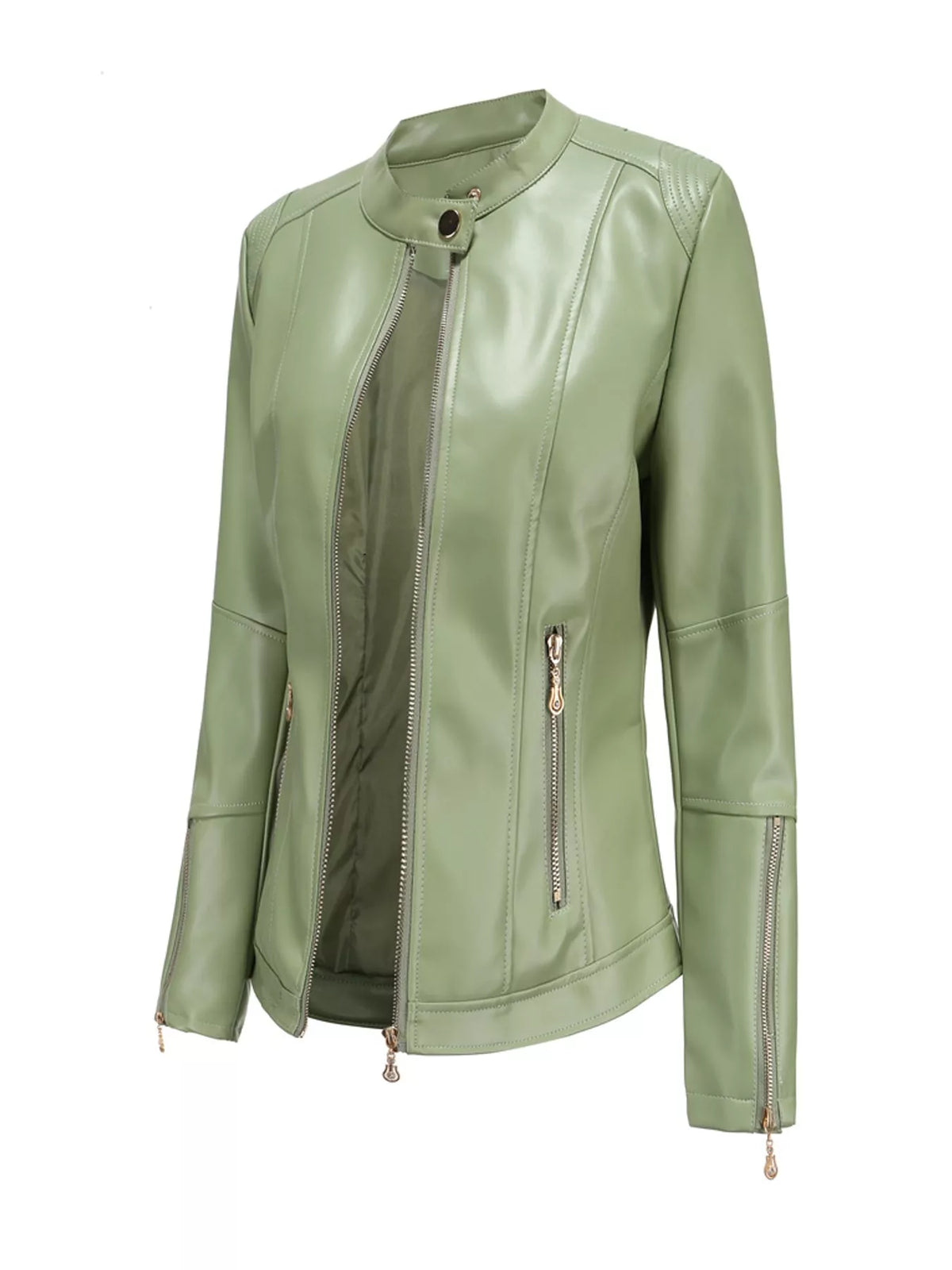 Light green faux leather moto jacket with zip front and zip pockets