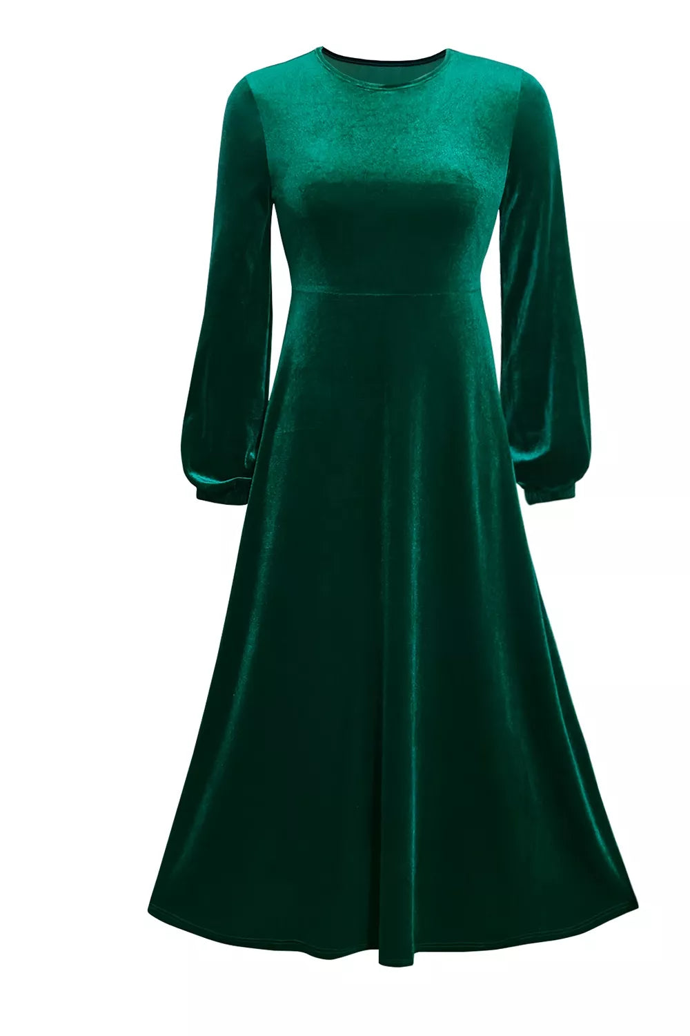 Dark green velvet maxi dress with long balloon sleeves and flared skirt