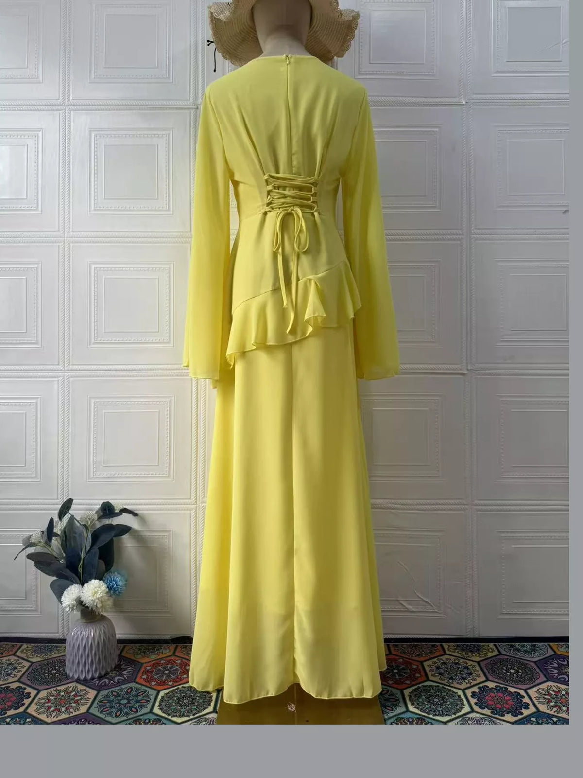 Light yellow plus-size maxi dress with back tie bow and ruffled tiered sleeves
