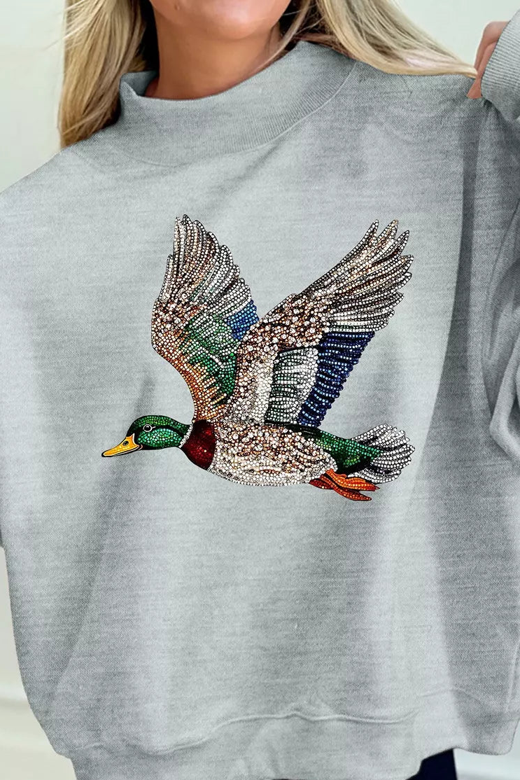 Gray mock-neck sweatshirt with centered sequin mallard duck graphic on front