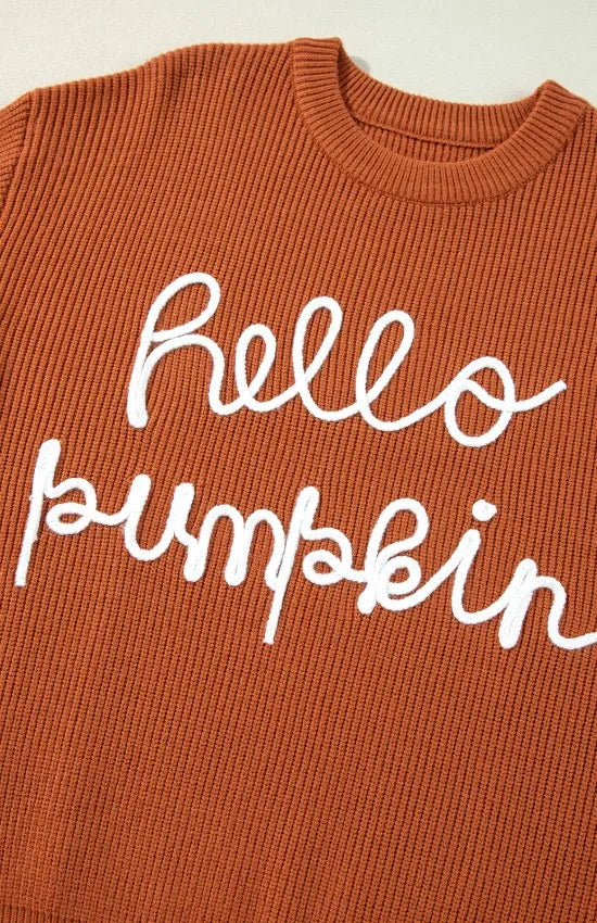 Terracotta sweater with 'Hello pumpkin' white script lettering, close-up