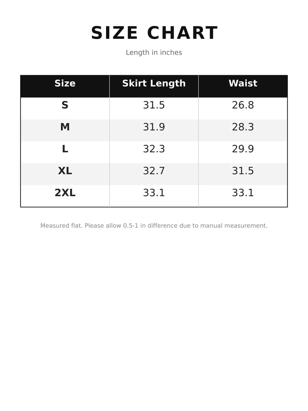 Size chart for high-waisted satin midi skirt: S–2XL skirt length and waist in inches