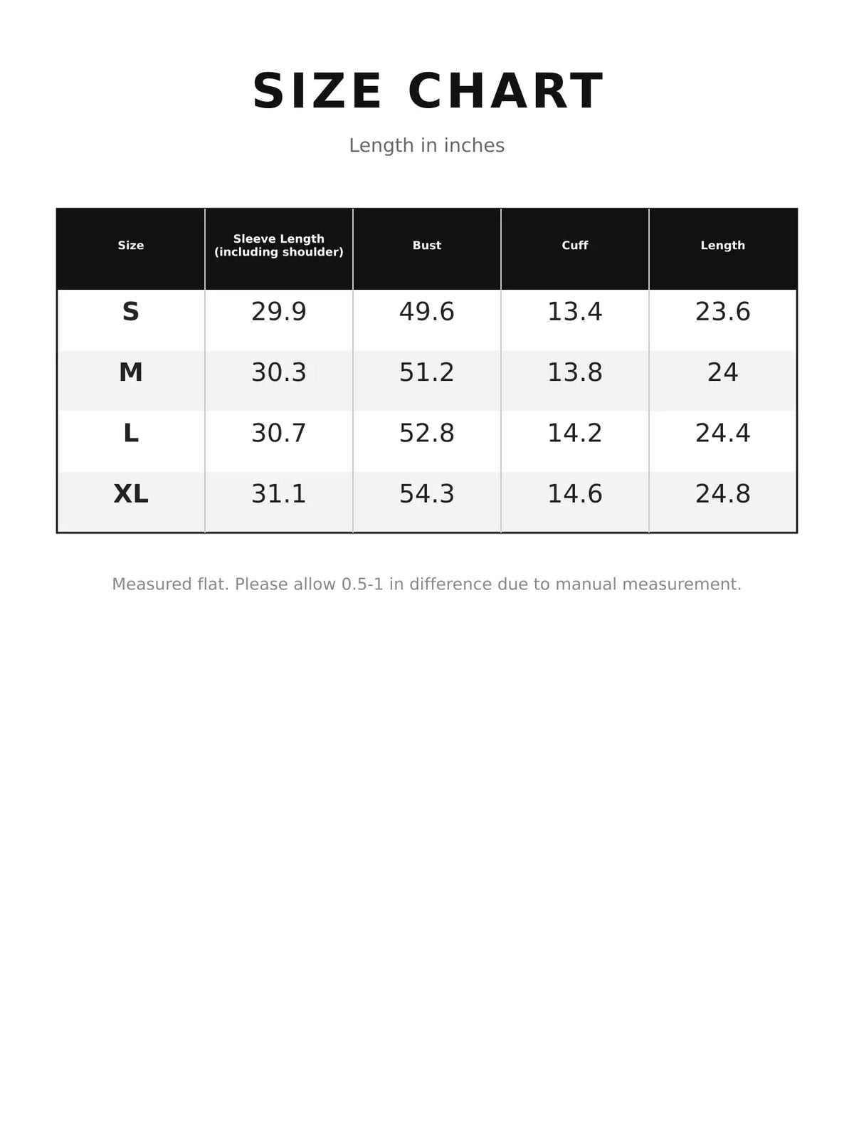 Size chart table for cropped trench jacket: sleeve, bust, cuff, length in inches