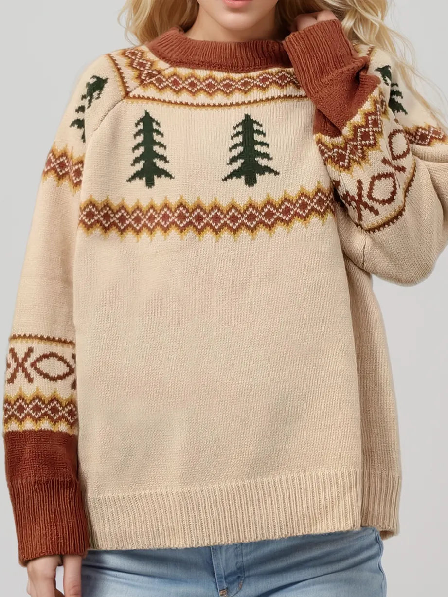 Tan round-neck sweater with green tree motif and brown fair isle yoke