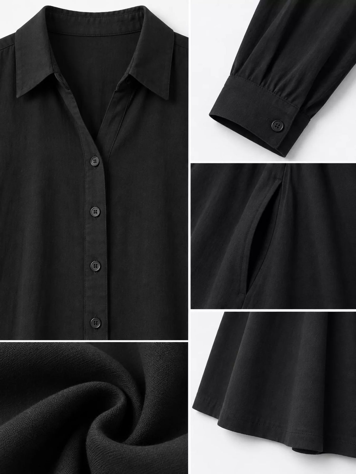 Black button-front maxi shirt dress details: collar, buttons, sleeve cuff, fabric texture