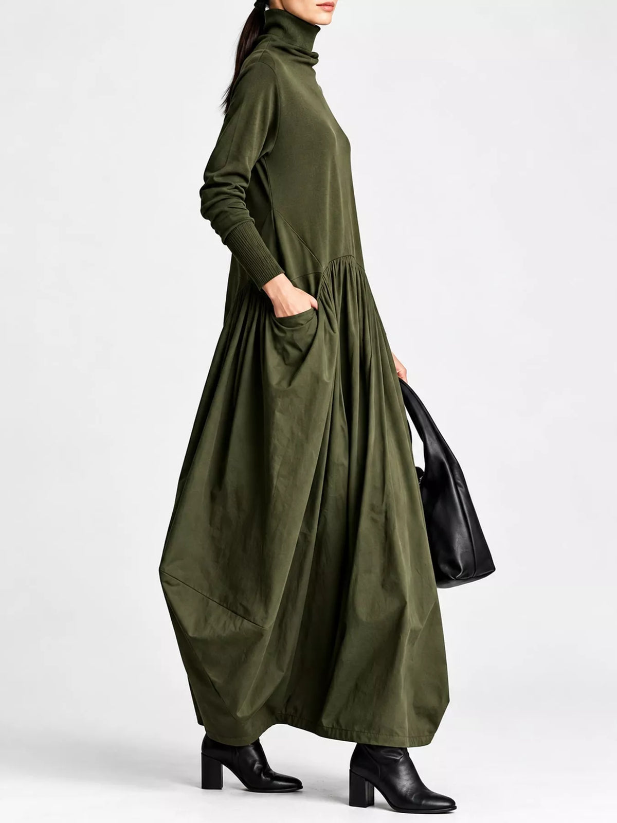 Olive-green long-sleeve turtleneck maxi dress with gathered skirt and pocket