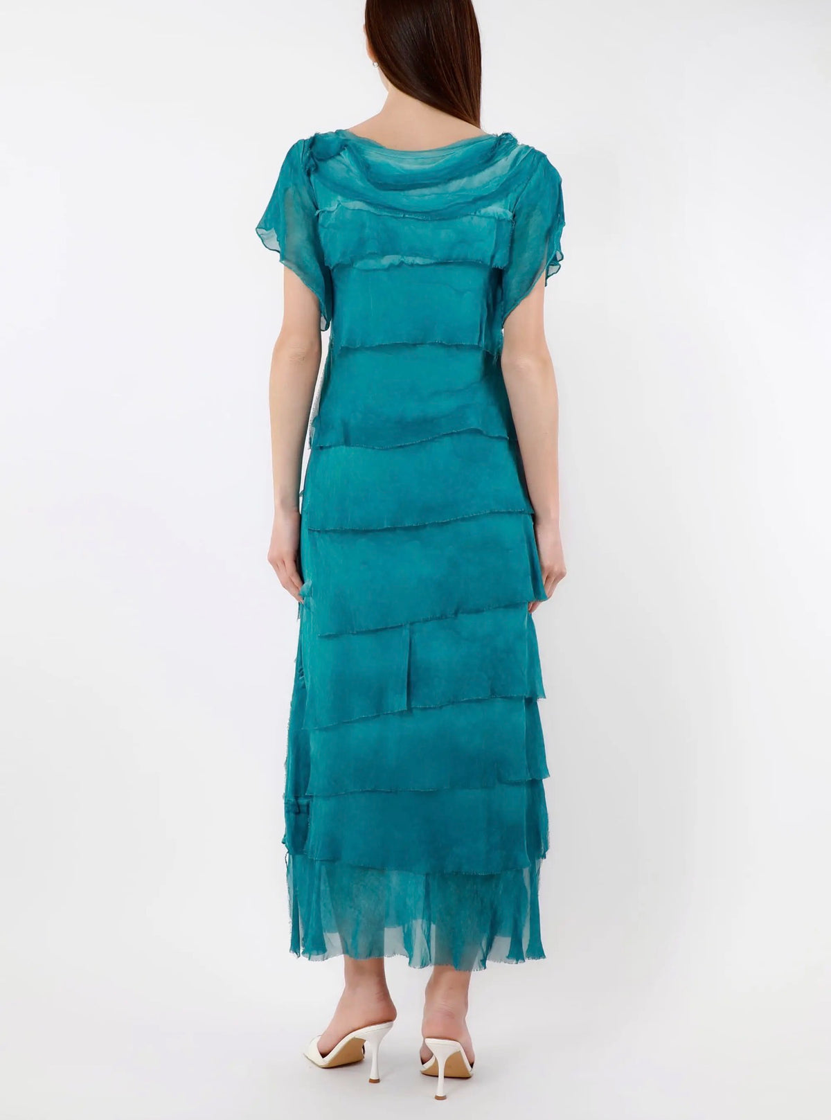Teal silk tiered ruffle dress with short cap sleeves, back view