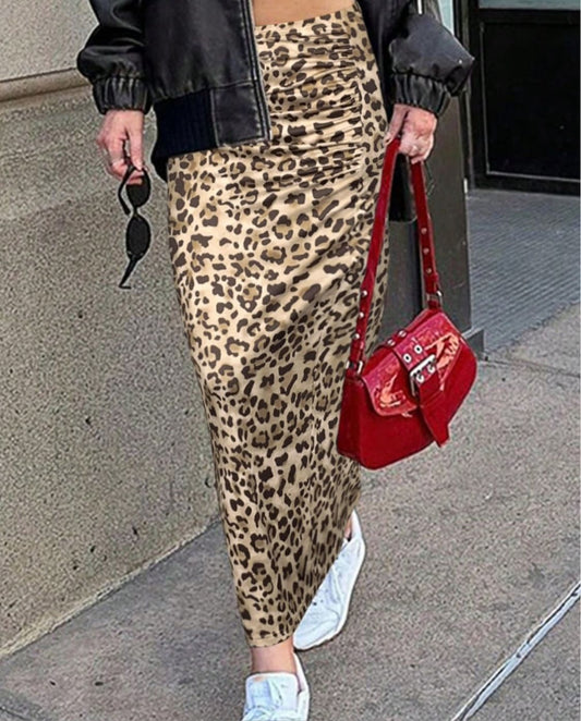 Honey Slit Leopard Midi Skirt