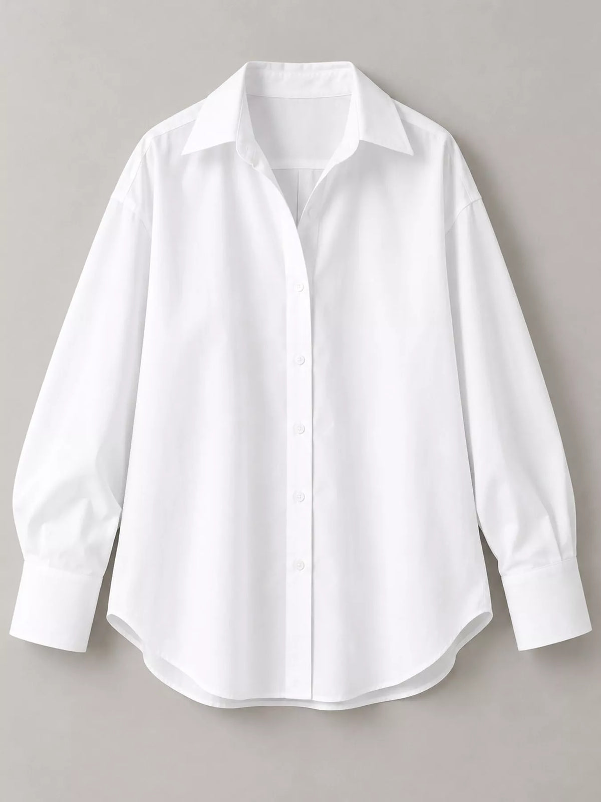 White button-up long sleeve shirt with pointed collar and center front button placket