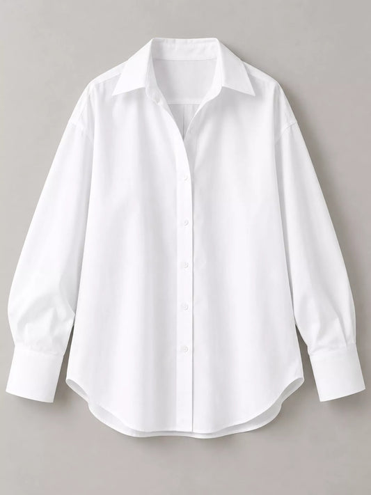 White button-up long sleeve shirt with pointed collar and center front button placket