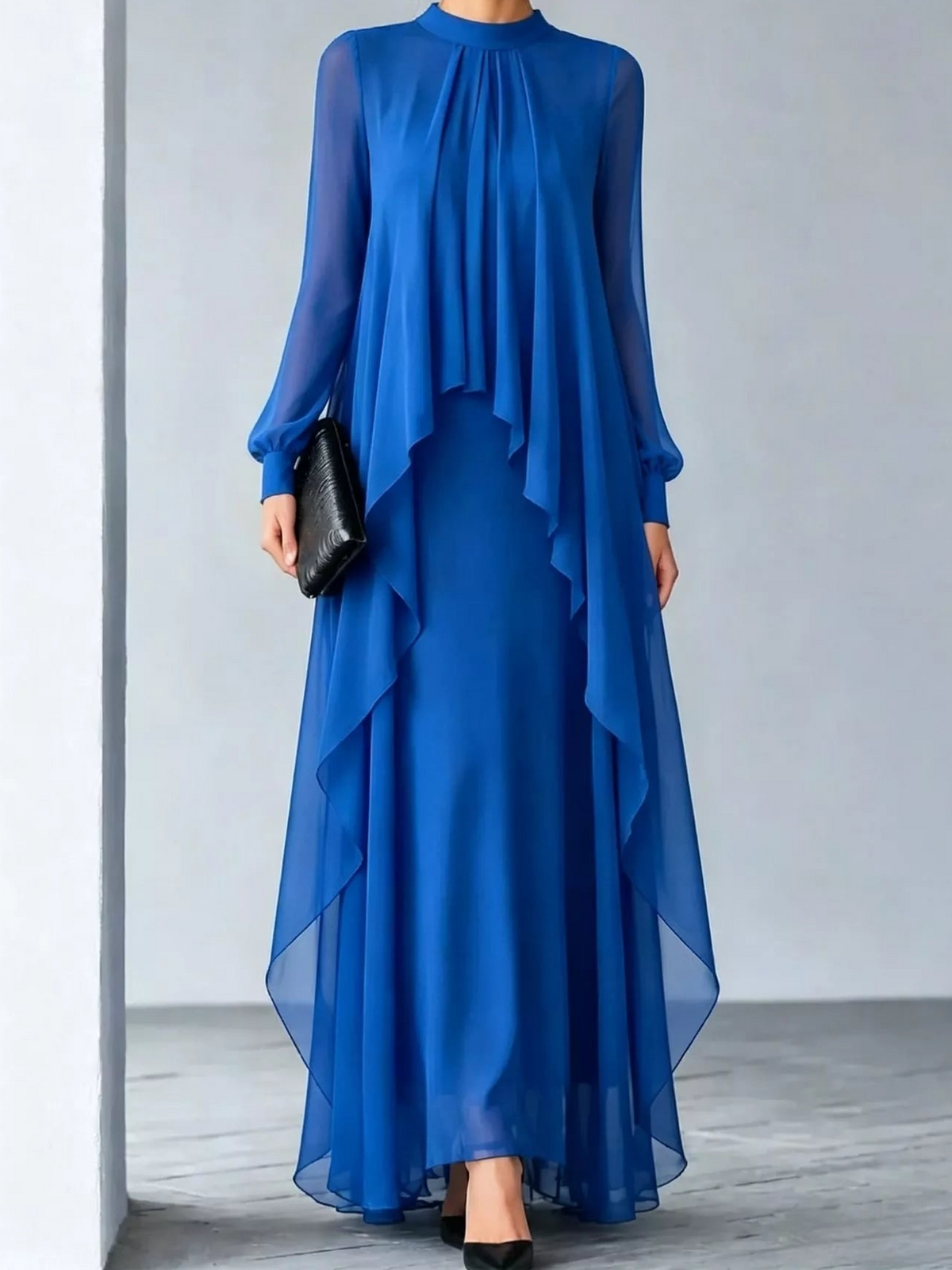 Blue chiffon maxi dress with sheer sleeves and cascading front layers