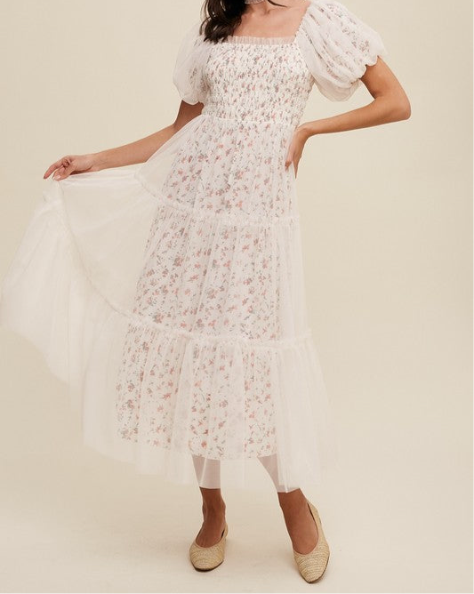 Floral Print and Mesh Puff Sleeve Maxi Dress