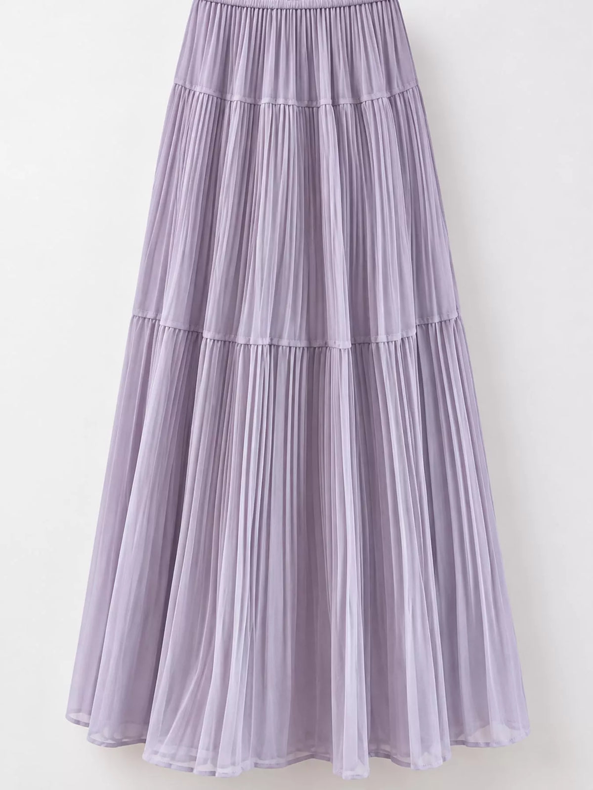 Periwinkle purple tiered pleated maxi skirt with elastic waistband and stacked ruffles