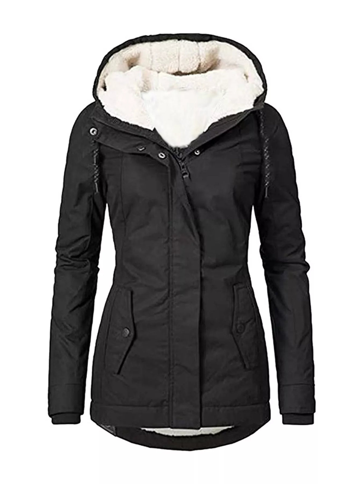 Black sherpa-lined hooded parka with snap front and two front pockets