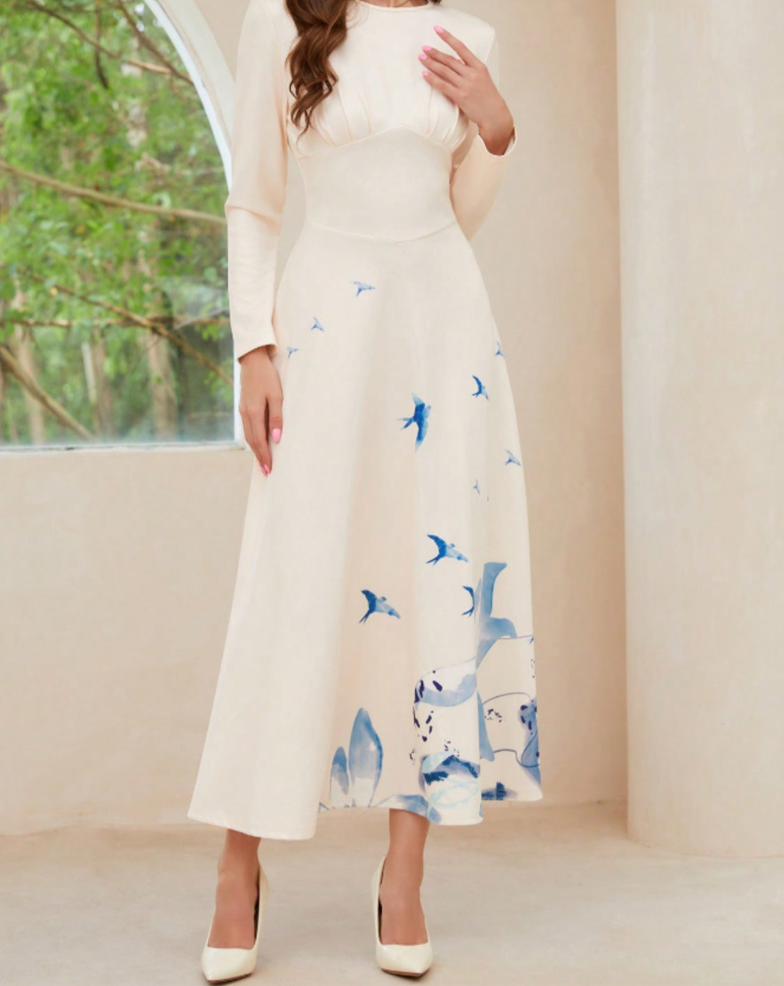 Printed Round Neck Long Sleeve Midi Dress