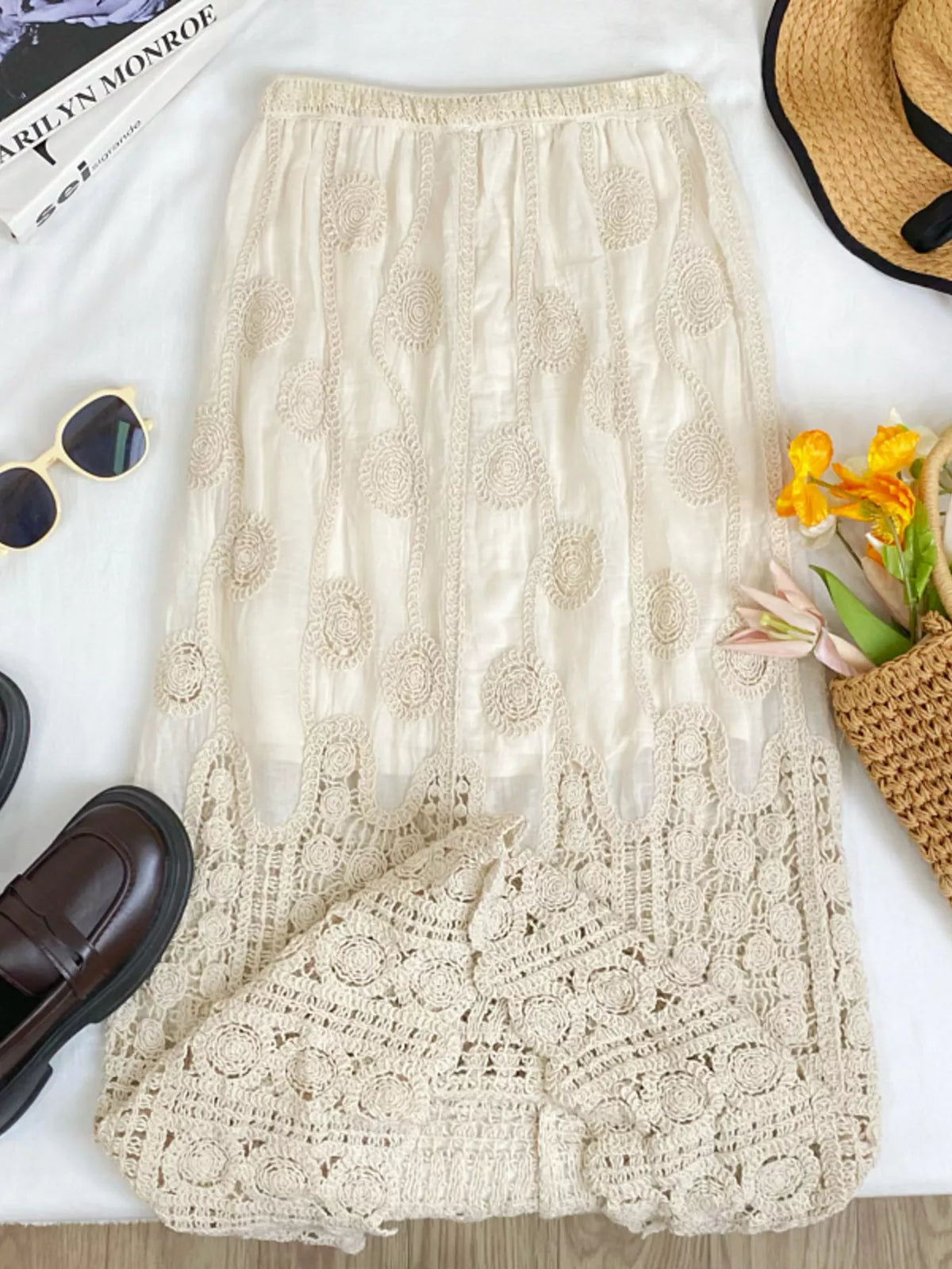 Apricot lace midi skirt with elastic waist, embroidered panels and scalloped hem