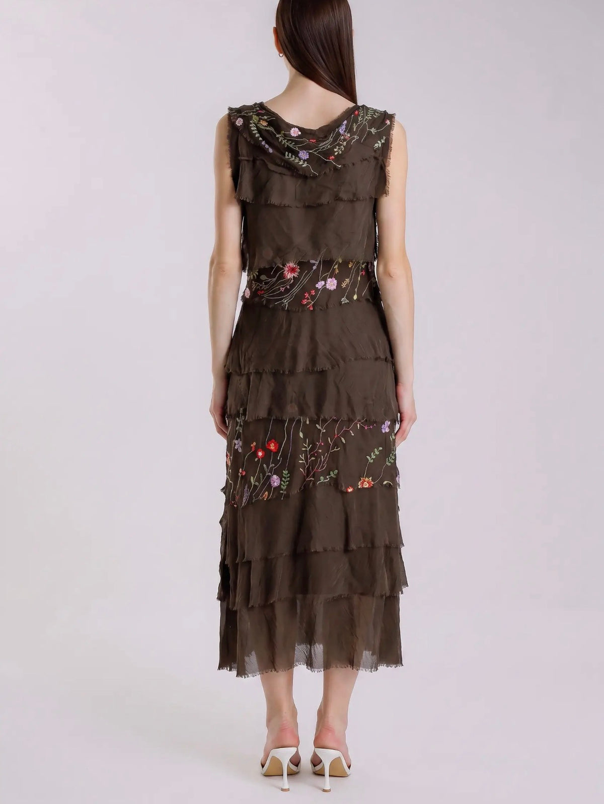 Embroidered Italian Silk Maxi Ruffle Dress