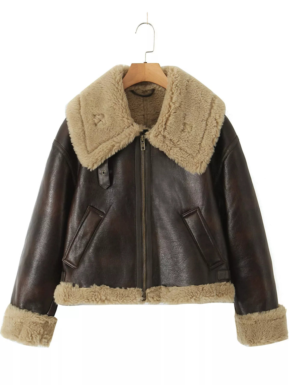 Hanging dark coffee faux leather aviator jacket with plush shearling trim and zipper front