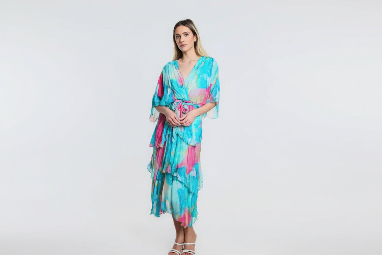 Ruffled Italian Silk Dress (Blue)