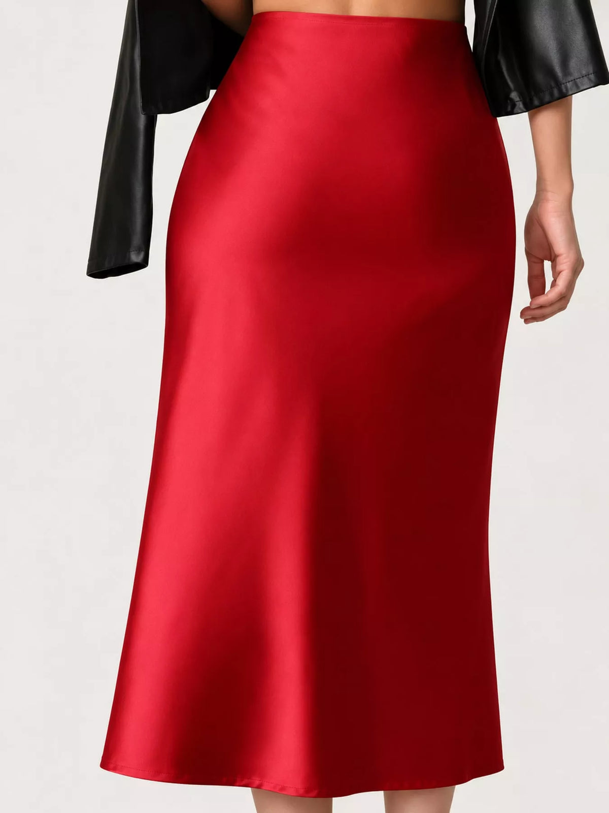 High-waisted satin midi skirt in red with smooth finish and straight midi hem
