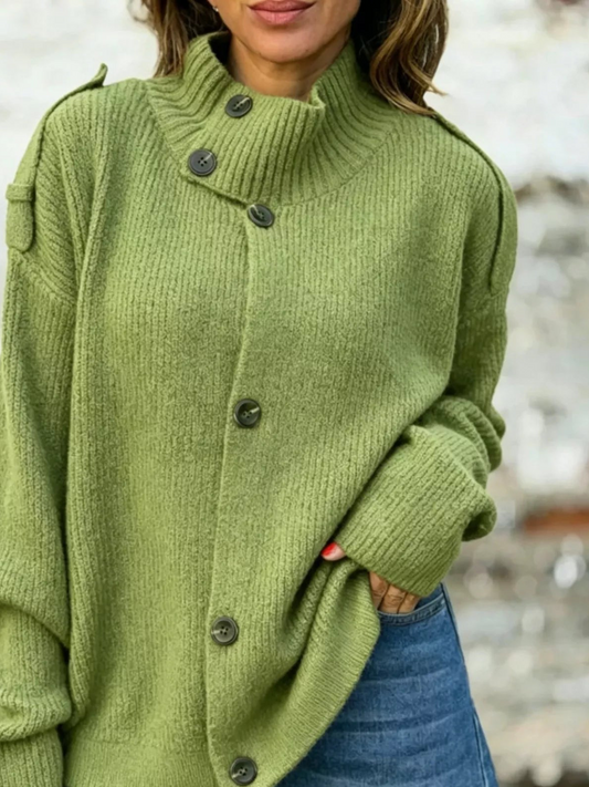 Green plus-size knit cardigan with asymmetric button front and ribbed mock neck