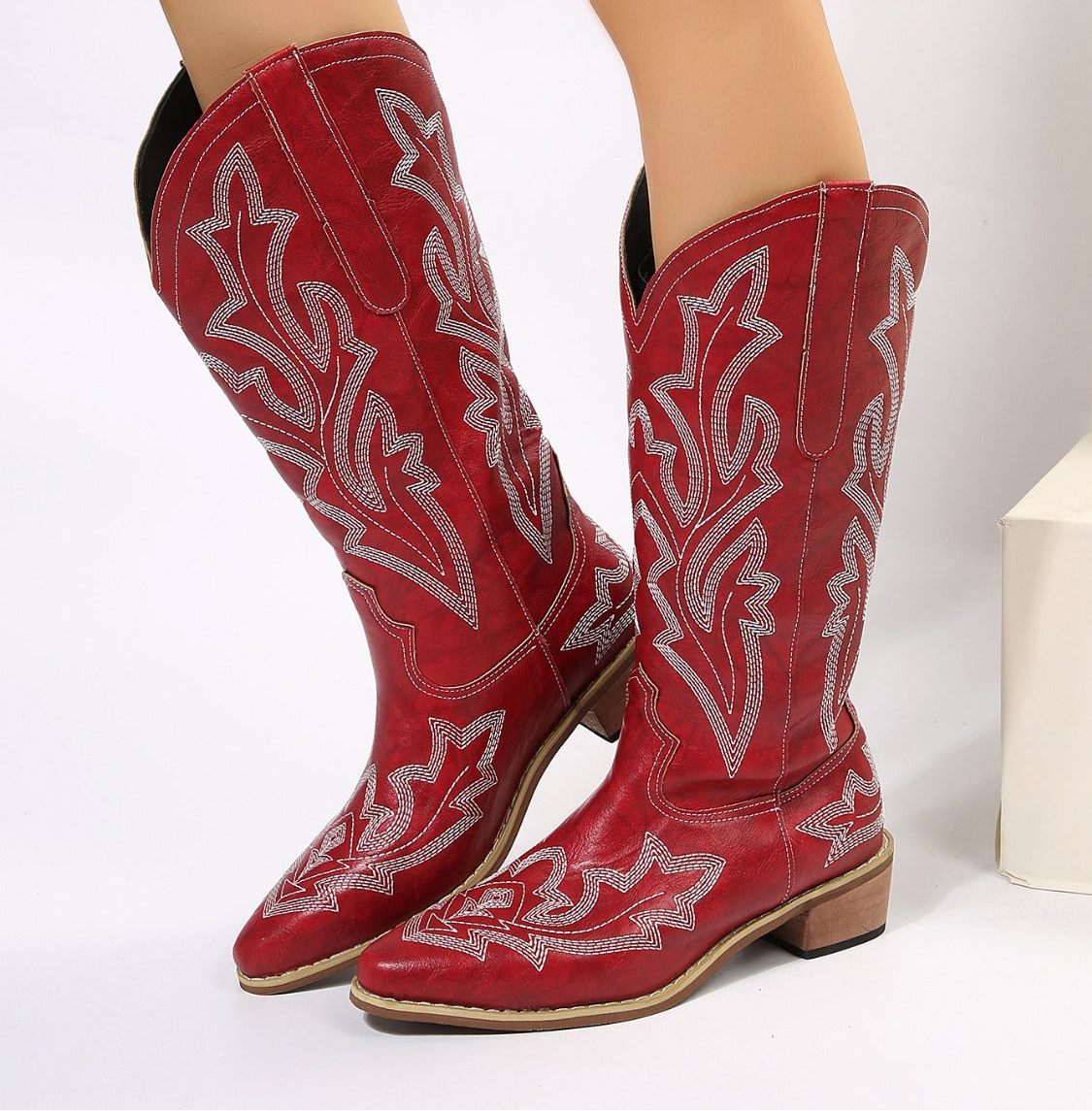 PU Leather Embroidered Geometric Point Toe Boots