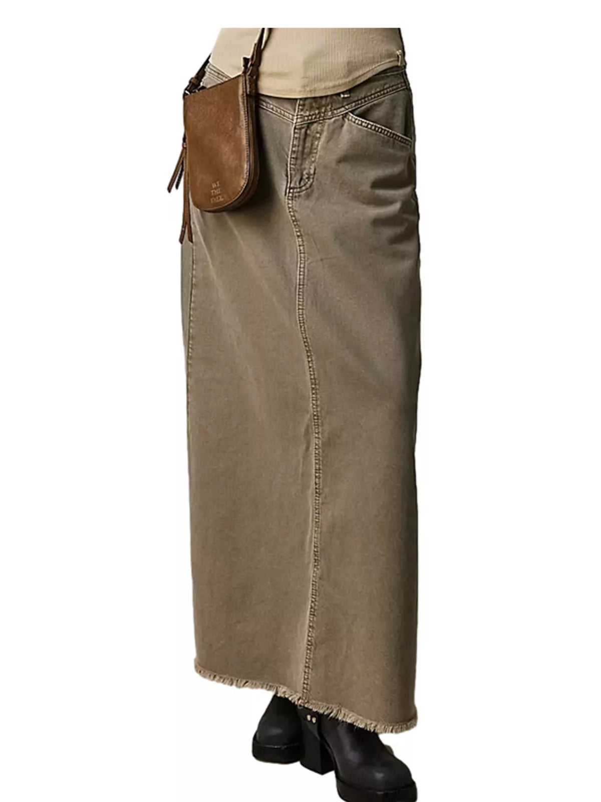 Olive-brown raw-hem maxi denim skirt with button closure and side panel seams
