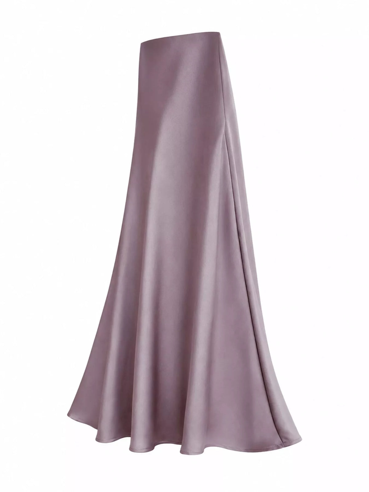 Mauve satin midi skirt shown from the side, with a flowing flared hem