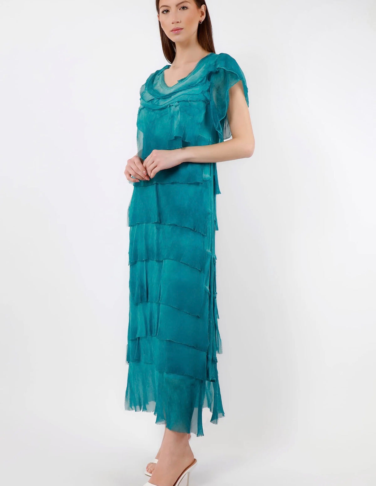 Teal silk ruffle tiered short-sleeve dress with neck drape, front view