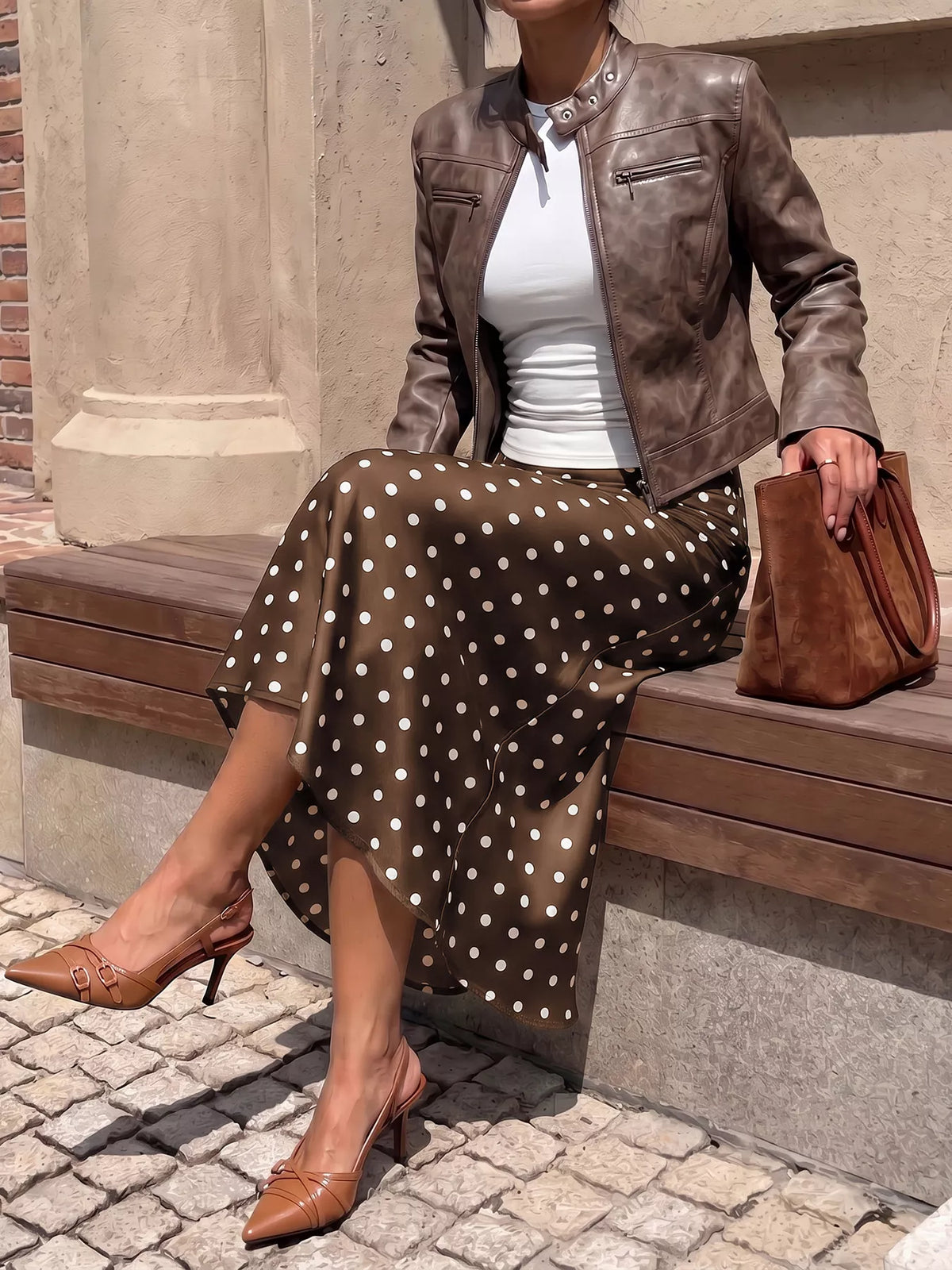 Brown polka-dot midi skirt with white dots and relaxed gathered fit