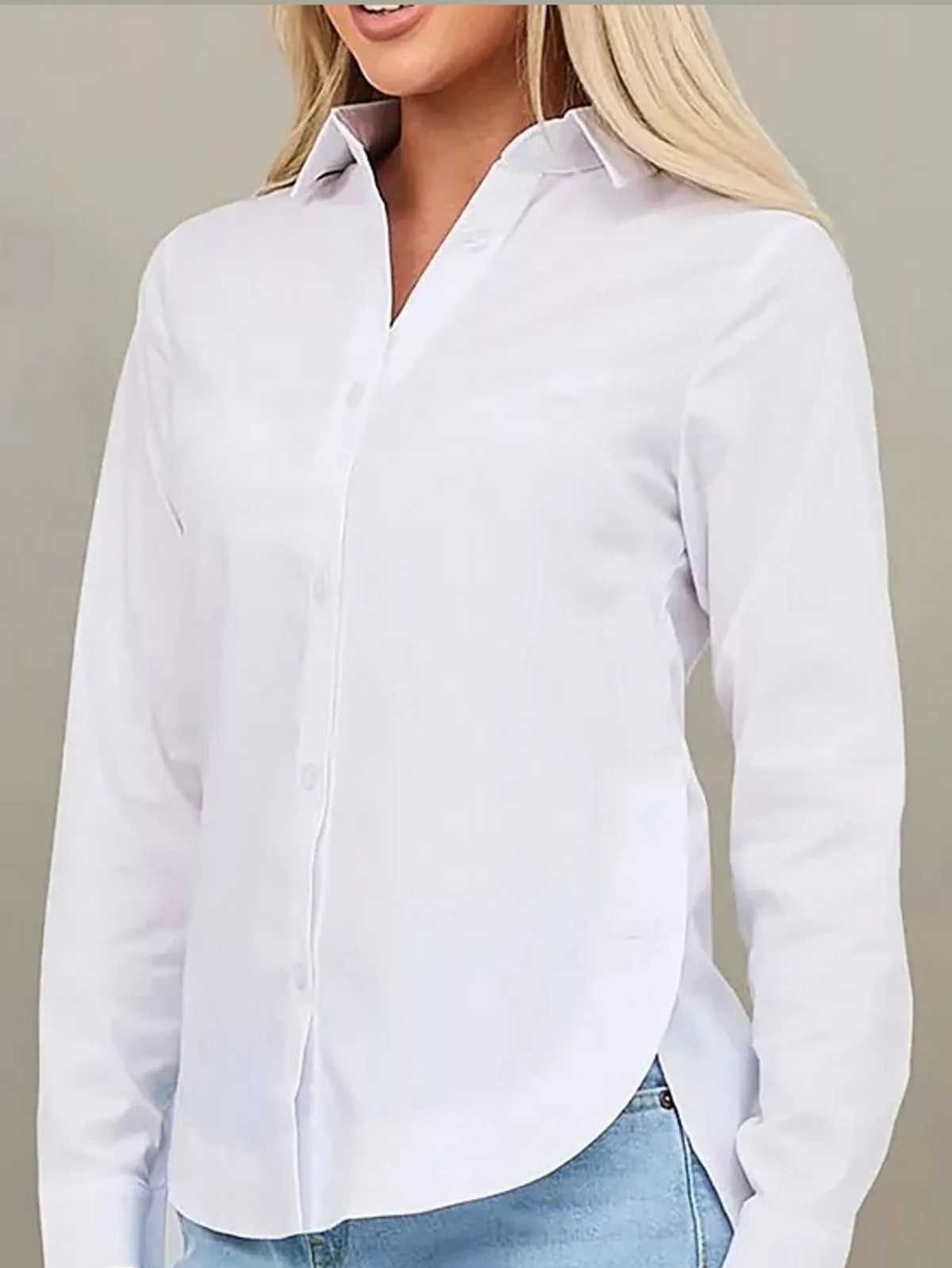 White button-up long sleeve shirt with point collar and front buttons