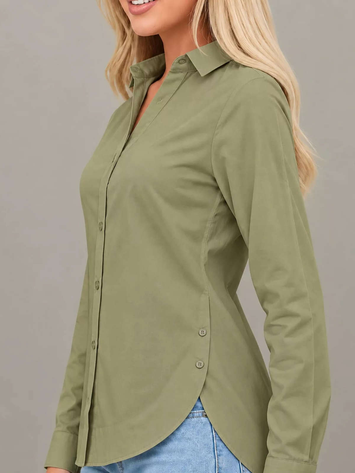 Olive green button-up long sleeve shirt with pointed collar and curved hem