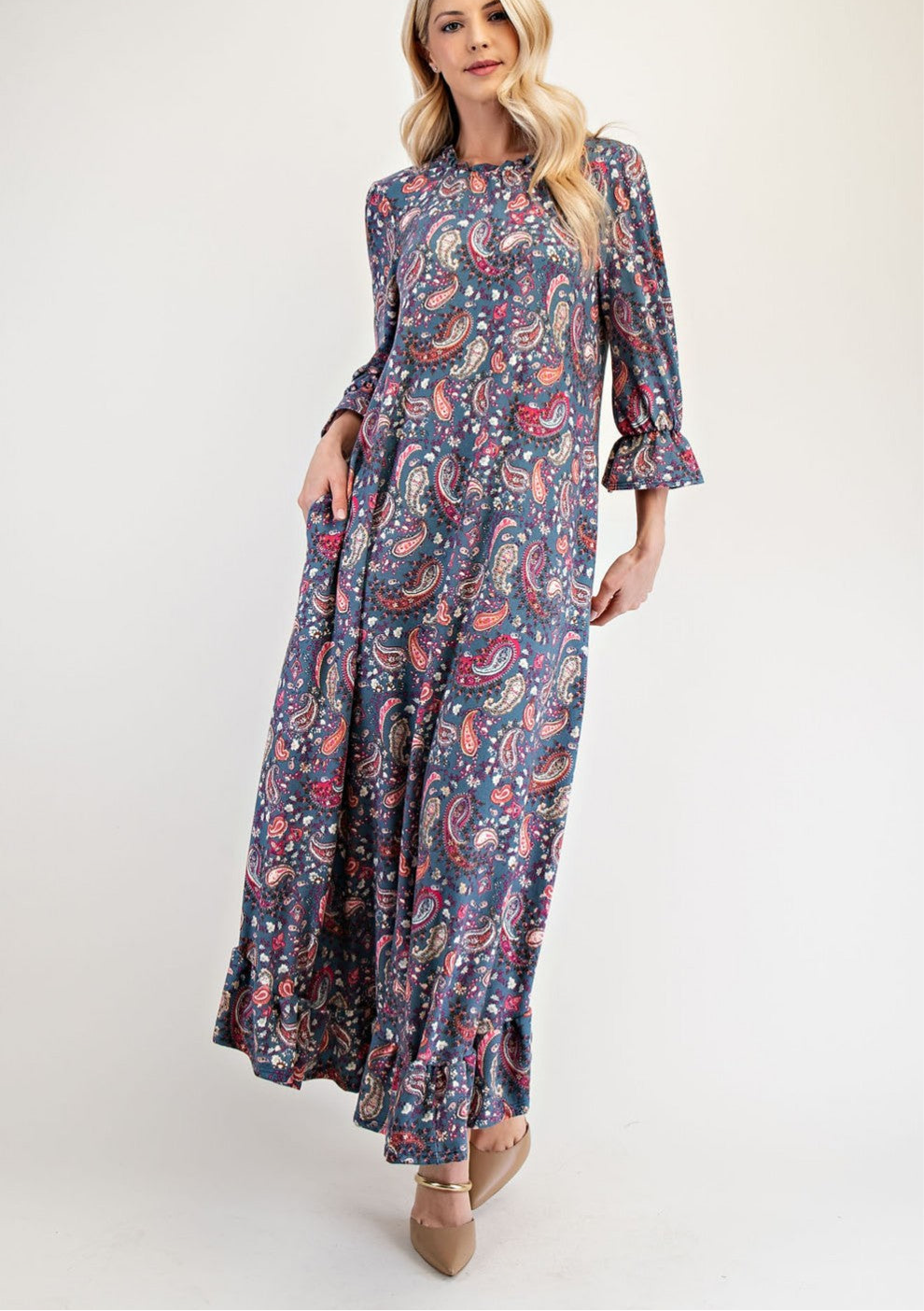 Celeste Full Size Ruffle Hem Paisley Round Neck Dress