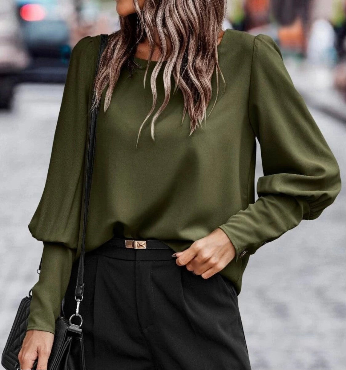 Round Neck Lantern Sleeve Blouse