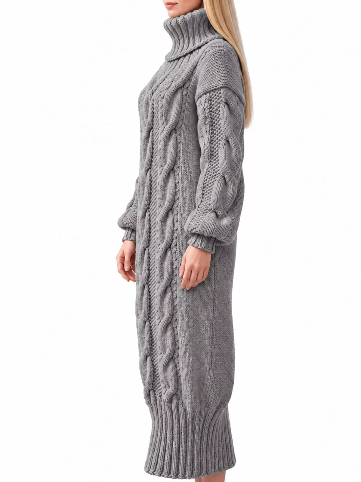 Chunky cable-knit turtleneck sweater dress in dark gray, side view with cable pattern.