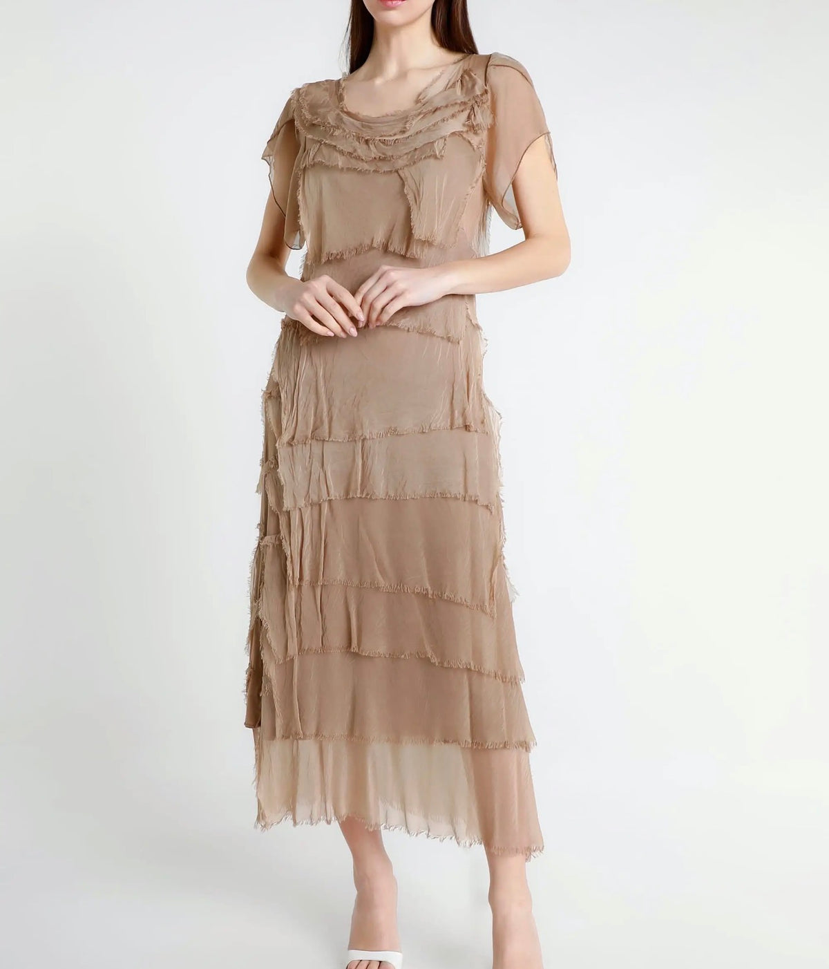 Beige silk ruffle tiered short-sleeve dress with layered fringe, standing front