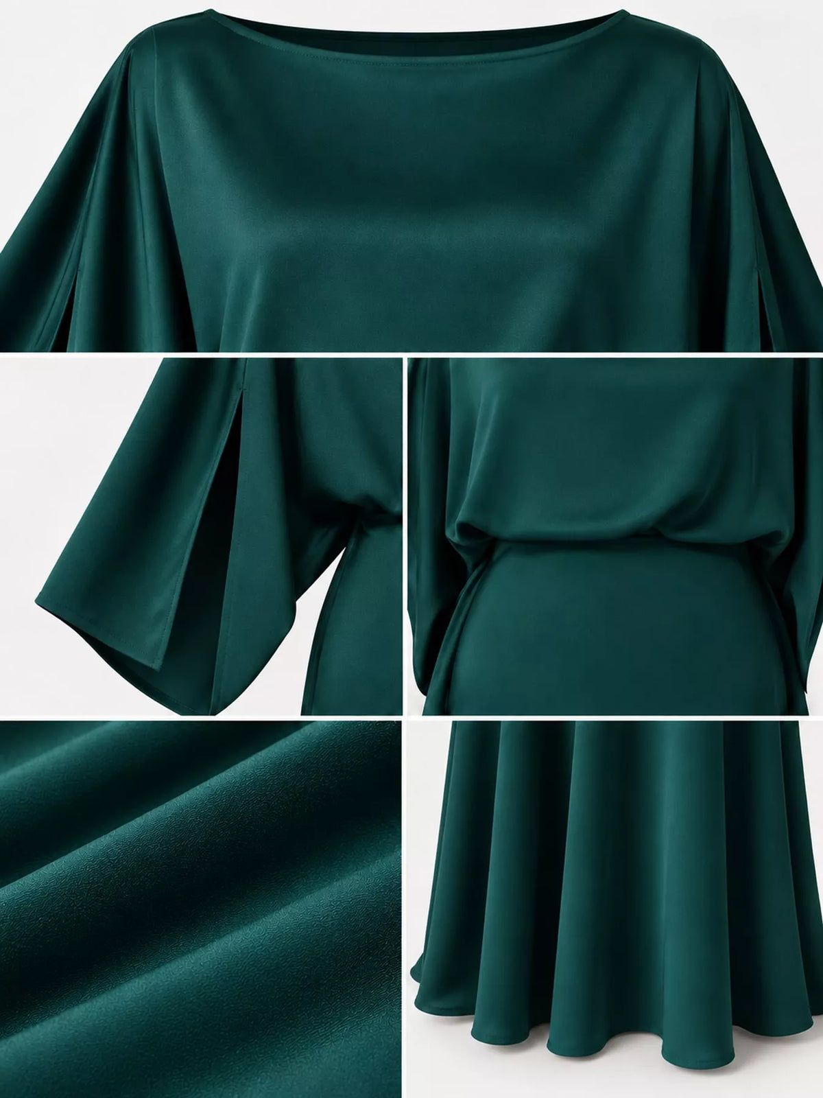Dark green satin maxi dress detail: cape sleeves, gathered waist, flowing maxi hem