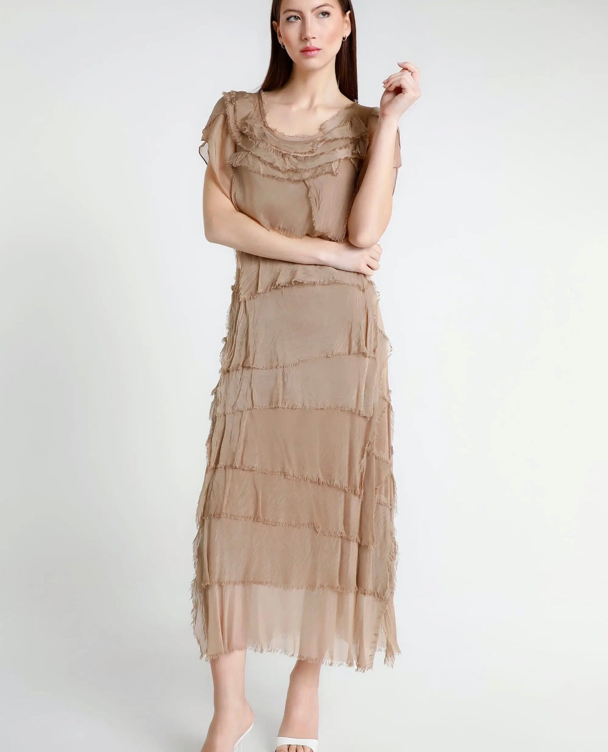 Beige silk ruffle tiered short-sleeve dress with neck ruffle detail, front view