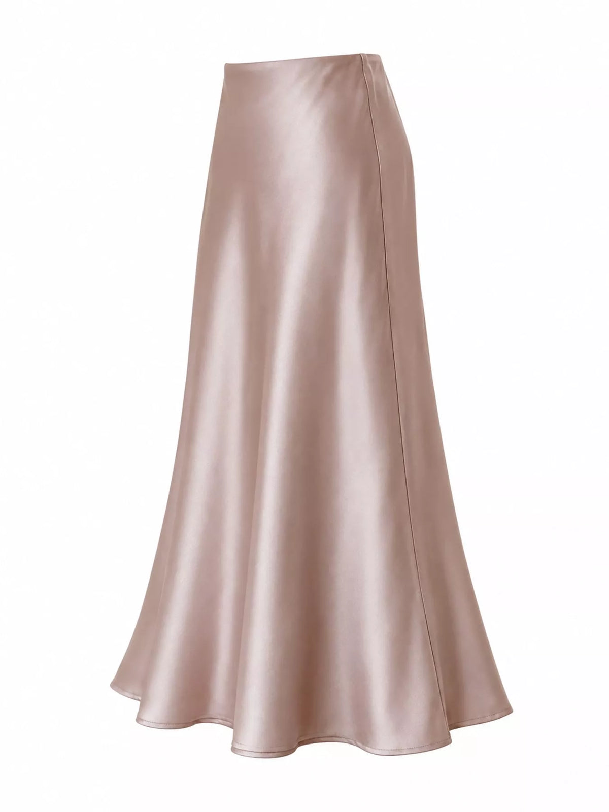 Dusty pink satin midi skirt shown from the side