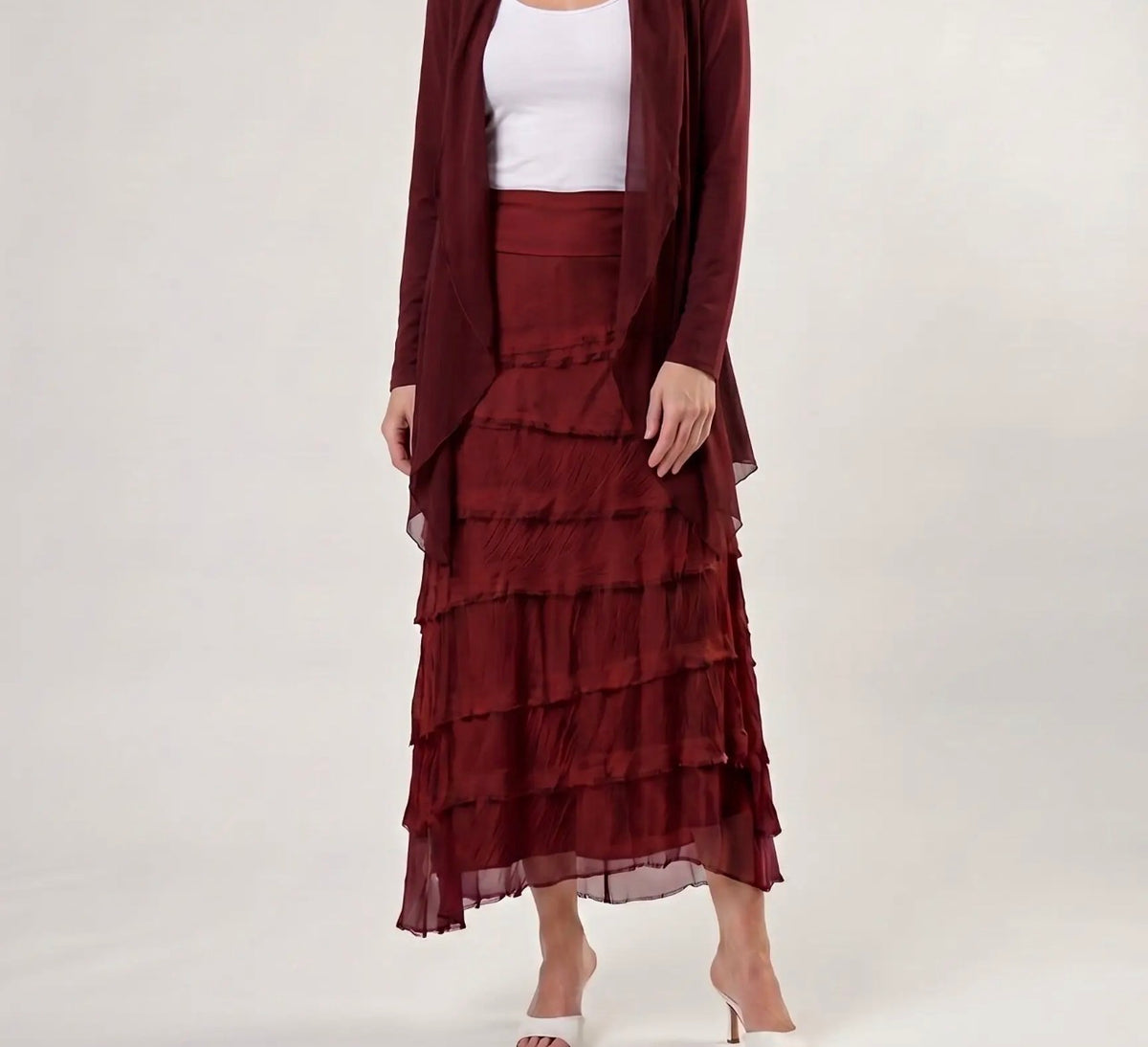 Italian Silk Ruffle Skirt (Burgundy)