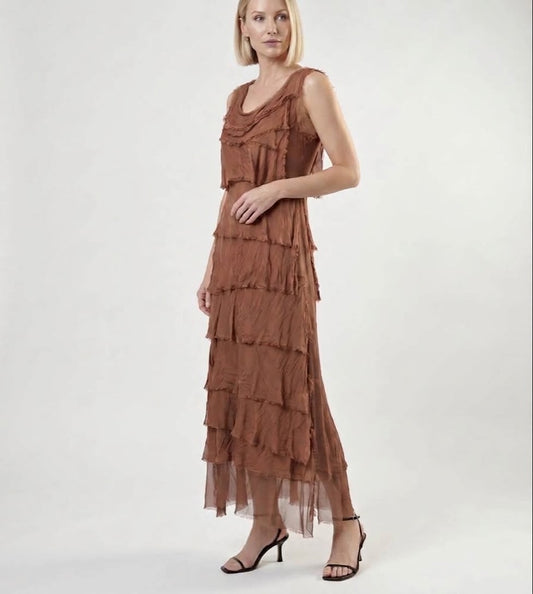 Rust tiered ruffle silk midi dress, sleeveless high neckline, layered skirt