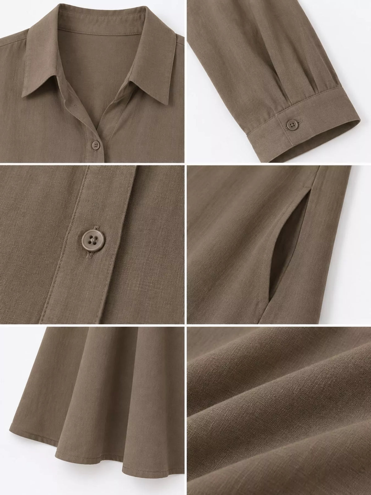 Olive brown maxi shirt dress close-up: collar, buttons, and sleeve cuff