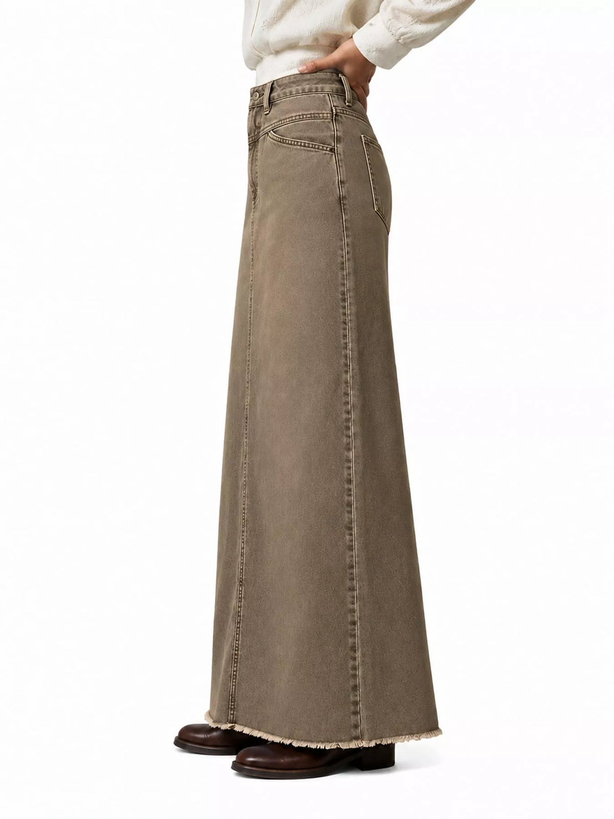 Olive-brown maxi denim skirt with button front and frayed raw hem