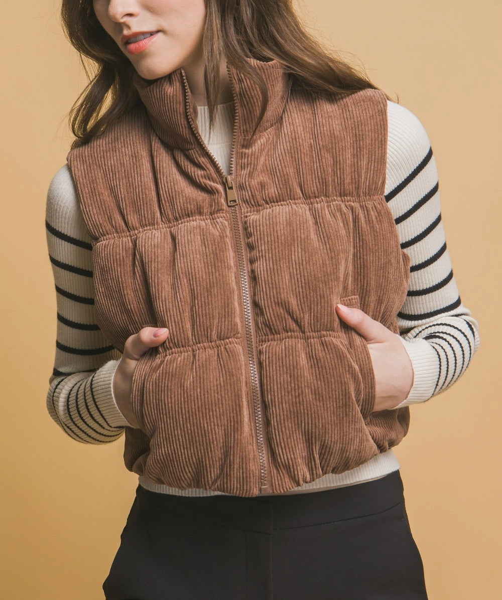 Love Tree Corduroy Zip Up Puffer Vest with Pockets